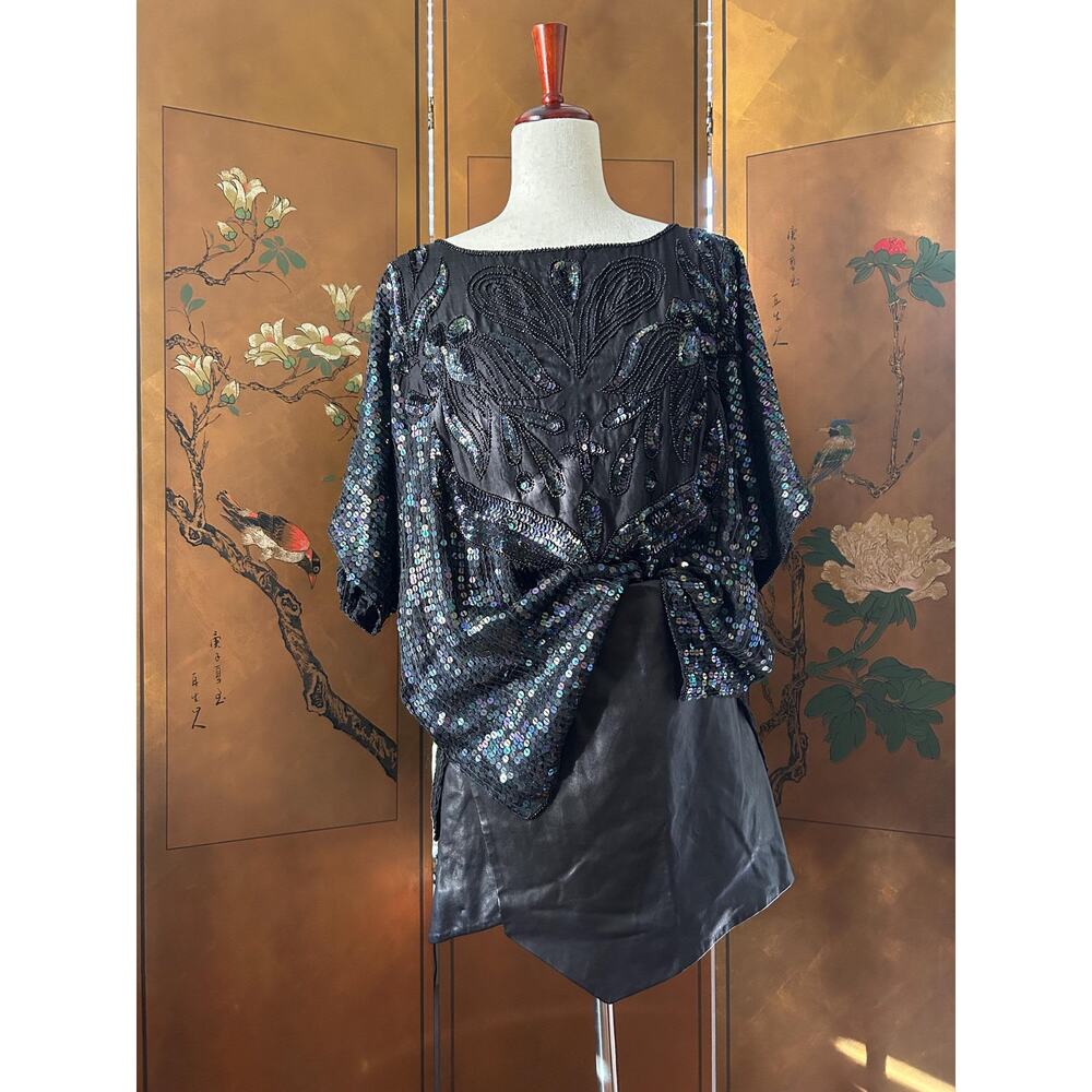 Vintage silk top with beads and sequins in black, size L